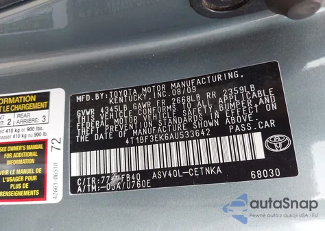 2010 Toyota Camry Le z USA, uszkodzony, nr VIN 4T1BF3EK6AU533642